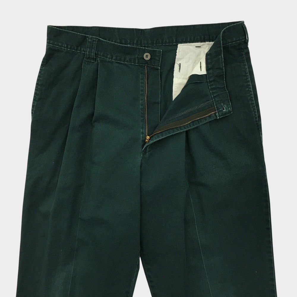 VINTAGE Mens Double Pleated Relaxed Chino Pants Green Cotton Made in USA 34x29